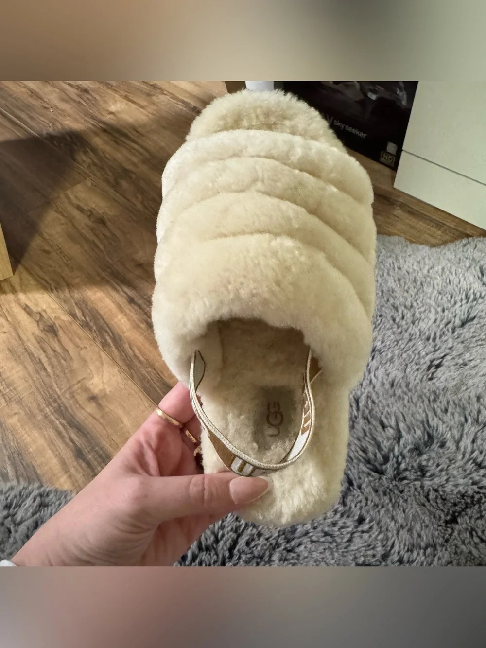 UGG Plush Shearling Slide with Branded Elastic Strap - Cream